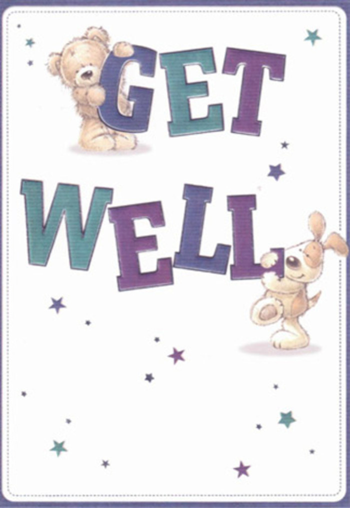 A radiant piece of heartfelt encouragement, this get well card showcases a charming bear and puppy at its centre, their joyous interaction enriched by lively stars tumbling around as if delivering good wishes throughout Hatton. Large, confident typography in purples and aquas anchors the cheerful design, echoing the bold blooms frequently seen in arrangements from Flowers Hatton. The illustration's inviting textures-the bear's plush fur and the puppy's velvety ears-hint at tenderness and comfort, as if one could reach out for a gentle hug. The scene feels wonderfully tangible, like sending a card alongside a hand-designed bouquet, arranged to perfection by local florists. The overall lightness and air inherent in the card provides just the right lift for someone convalescing in the heart of Hatton, making it an ideal pairing with a fresh flower delivery. Every detail in this card projects genuine care and community warmth, offering reassurance as naturally as a neighbour's well-wish.