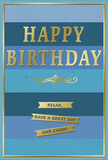 This refined birthday card, imagined resting beside a vase of fresh blooms in a Hatton living room, offers a soothing interplay of blues and golds. The background is built from wide, horizontal bands of blue, each stripe a distinct shade arranged from darkest at the top to lightest at the bottom. Deep navy melts into medium ocean blues, then into lighter sky tones, producing a calm ombre effect that calls to mind the expansive skies over the surrounding countryside. Placed squarely at the center, the message HAPPY BIRTHDAY appears in bold, embossed gold capitals. The letters are neatly spaced and stand slightly raised from the card, with a gentle metallic sheen that catches light at different angles, giving them a quiet glow. Right beneath this greeting lies an elegant gold flourish, a decorative swirl that adds a graceful, almost handwritten touch to the structured composition. Below the flourish, three narrow golden banners descend in a straight line, each one bearing a segment of the warm wish: Relax, have a great day and enjoy! The banners, rendered in the same gold tone as the text, help visually anchor the lower half of the design. A delicate gold border encloses the card, creating a defined edge that frames the blues like a carefully mounted print. The card stock looks smooth and substantial, with the blue background presenting a soft matte finish and the raised gold details reflecting light with a subtle gloss. Together, these elements create a feeling of calm joy, making the card a fitting and tasteful companion to a birthday bouquet delivered anywhere around Hatton.